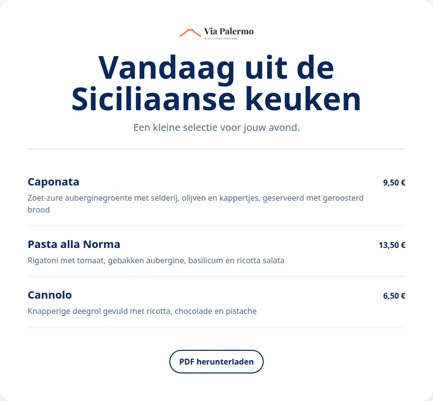 Speciale kaart van Via Palermo met geselecteerde gerechten uit de centrale voorraad.