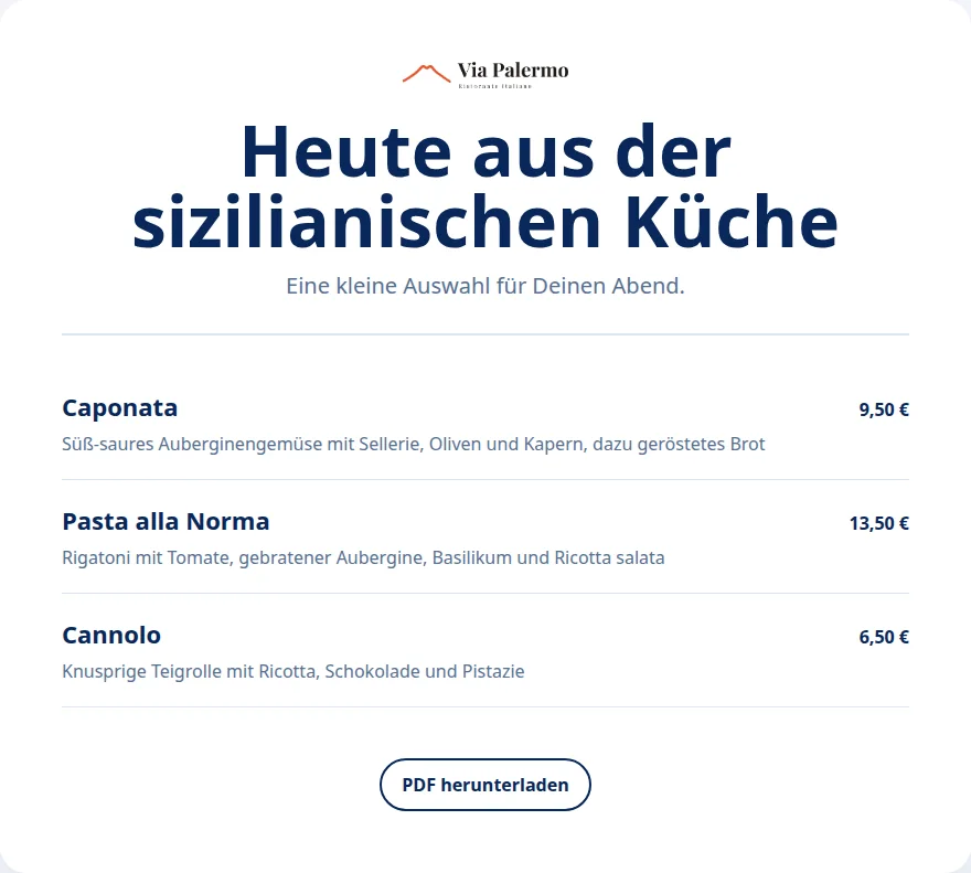 Sonderkarte von Via Palermo mit ausgewählten Gerichten aus dem zentralen Bestand.