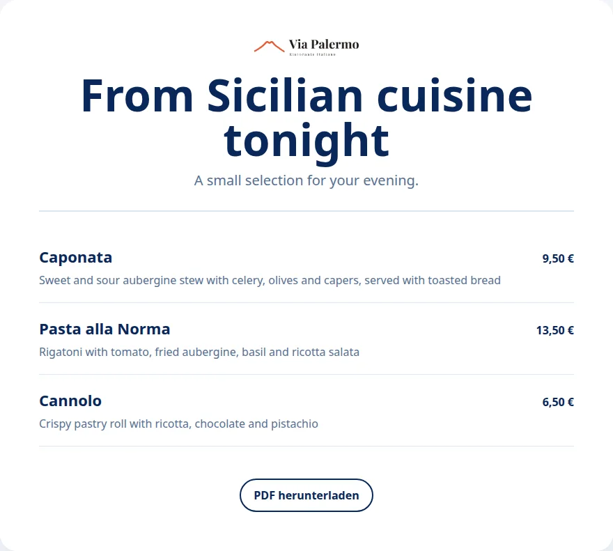 Special menu from Via Palermo with selected dishes from the central inventory.