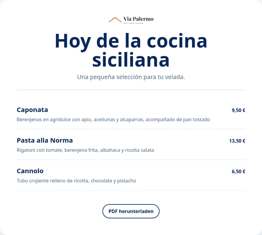 Carta especial de Via Palermo con platos seleccionados del catálogo central.