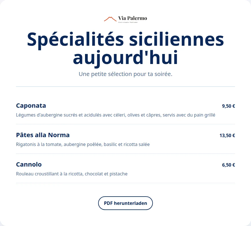 Carte spéciale de Via Palermo avec des plats sélectionnés depuis le stock central.