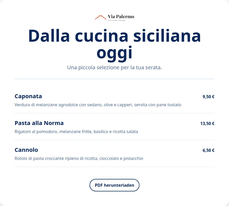 Carta speciale di Via Palermo con piatti selezionati dal catalogo centrale.