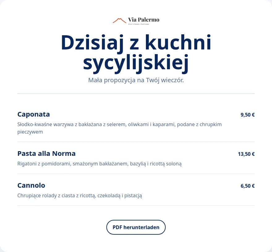Specjalne menu z Via Palermo z wybranymi daniami z bazy centralnej.