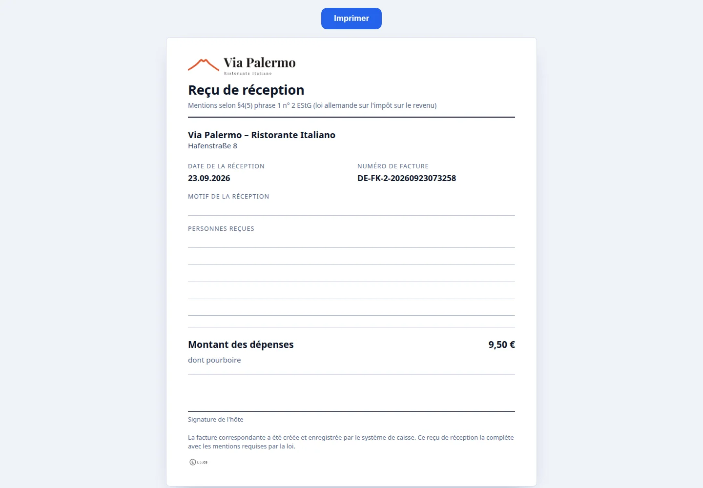 Compléter les frais de réception.
