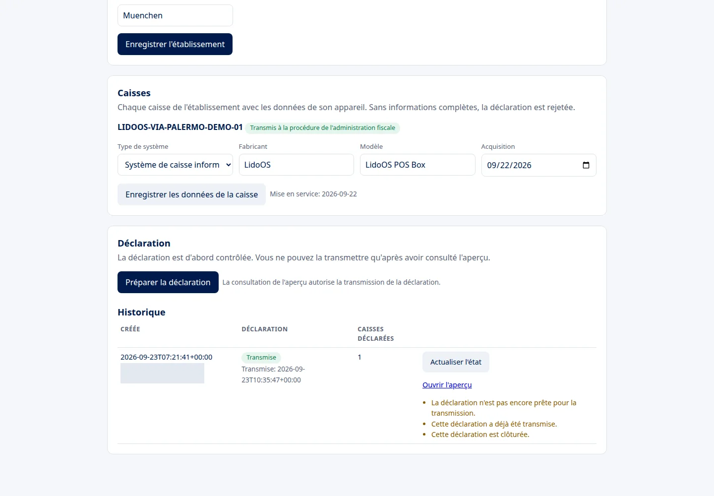 Préparer la déclaration de caisse.