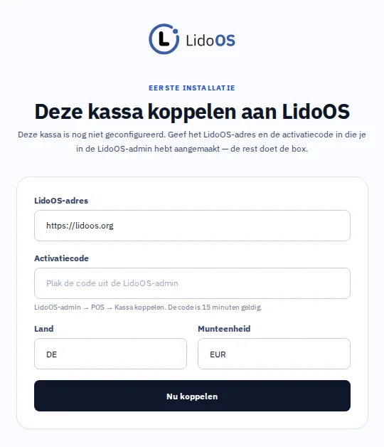 Eerste inrichting van de Box met LidoOS-adres, activeringscode, land en munt.
