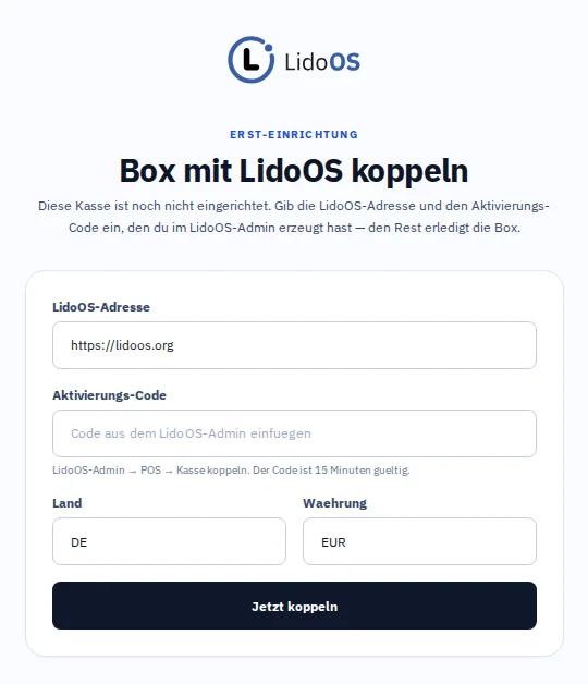 Erste Einrichtung der Box mit LidoOS-Adresse, Aktivierungscode, Land und Währung.
