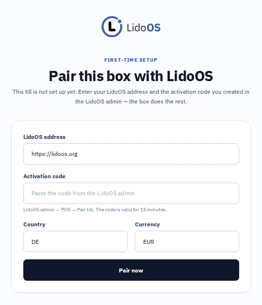 First setup of the box with LidoOS address, activation code, country and currency.