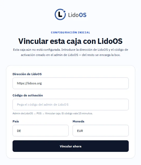 Configuración inicial de la Box con dirección de LidoOS, código, país y moneda.