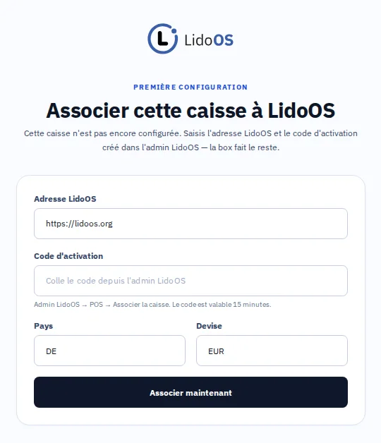 Première configuration de la Box avec adresse LidoOS, code d’activation, pays et devise.