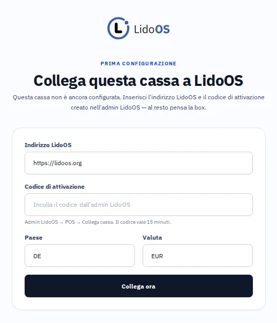Prima configurazione della Box con indirizzo LidoOS, codice di attivazione, paese e valuta.