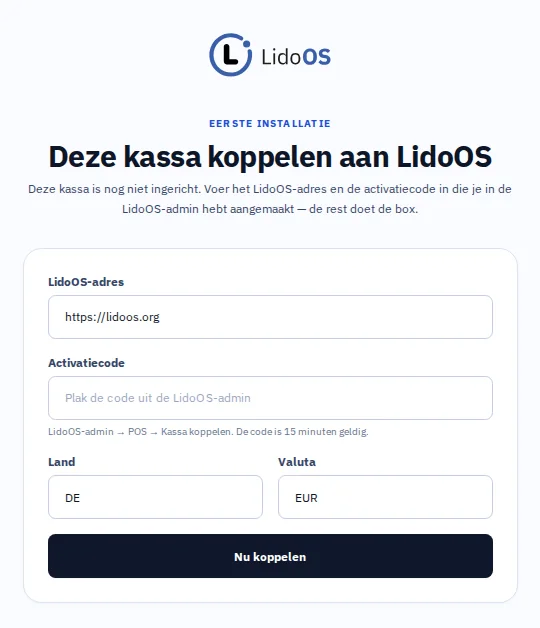 Eerste Box-instelling met LidoOS-adres, activeringscode, land en valuta.
