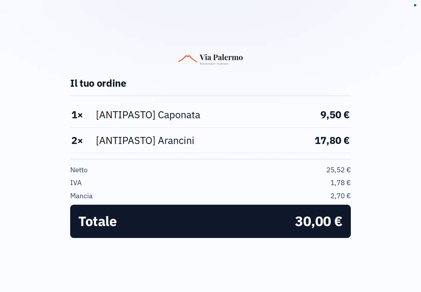 Con mancia registrata · Seguire il conto alla cassa.