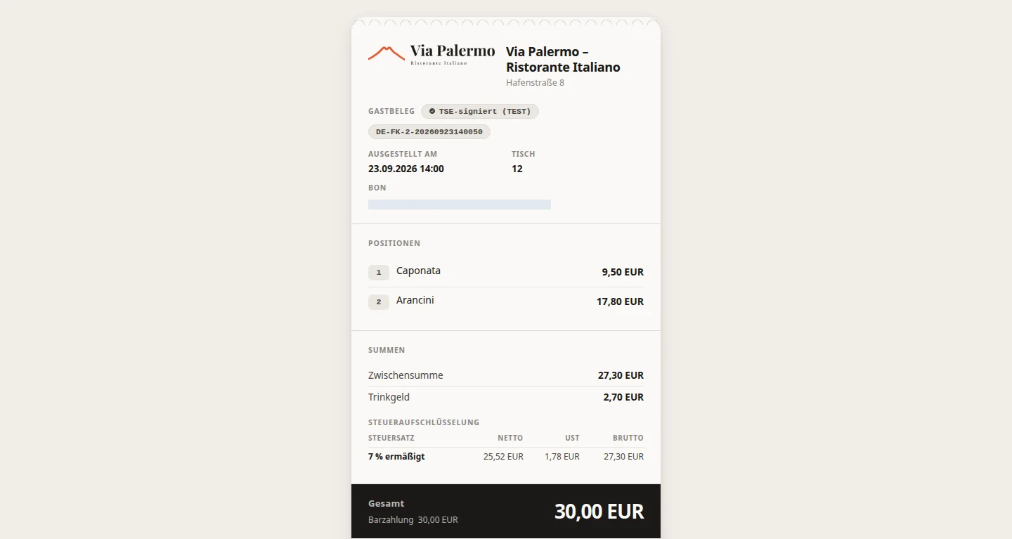 Bezahlter Beleg · Bar kassieren. Rückgeld sehen.