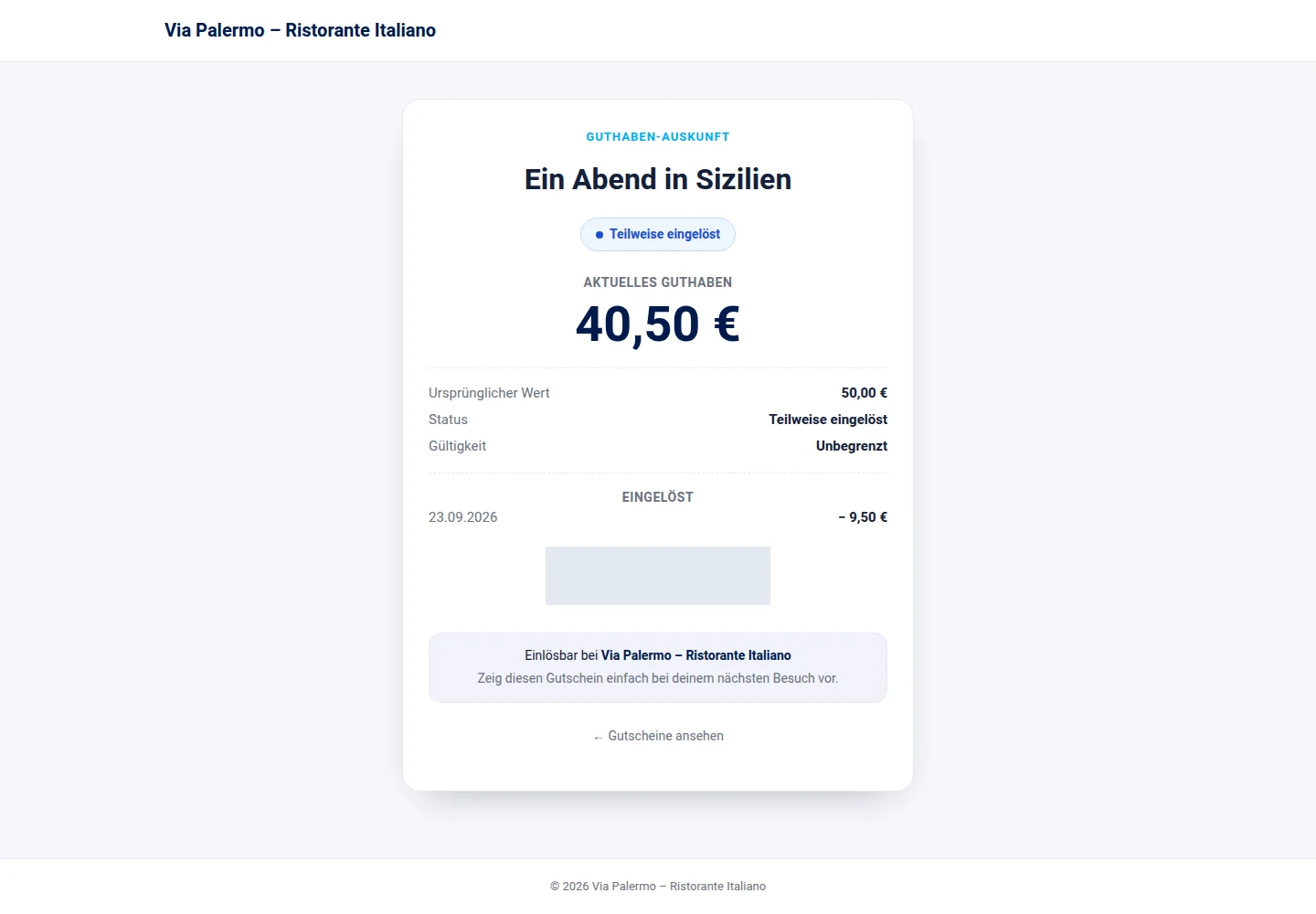 Restwert in Nova · Gutschein prüfen und einlösen.