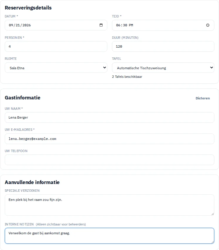 Reservatieformulier van Via Palermo met fictieve gastgegevens en tafelkeuze.