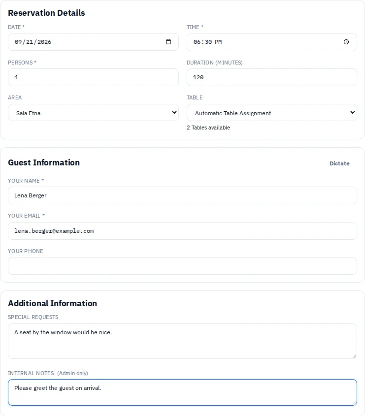 Reservation form from Via Palermo with fictional guest data and table selection.