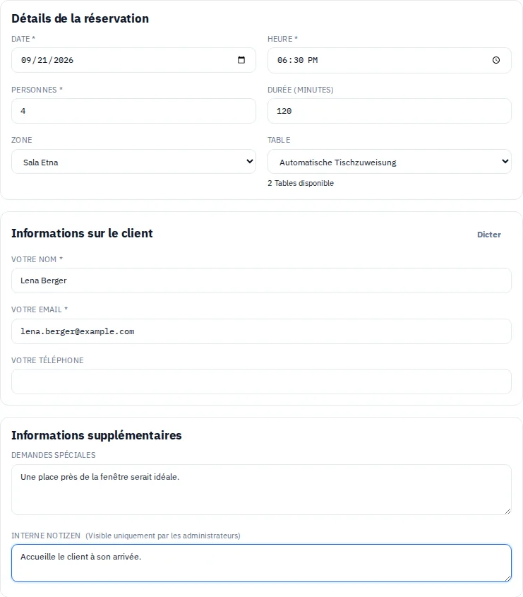 Formulaire de réservation de Via Palermo avec des données fictives de client et choix de table.