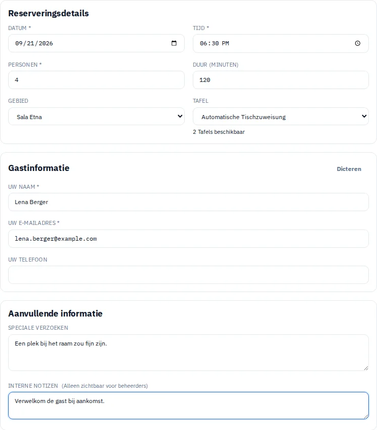 Reserveringsformulier van Via Palermo met fictieve gastgegevens en tafelkeuze.
