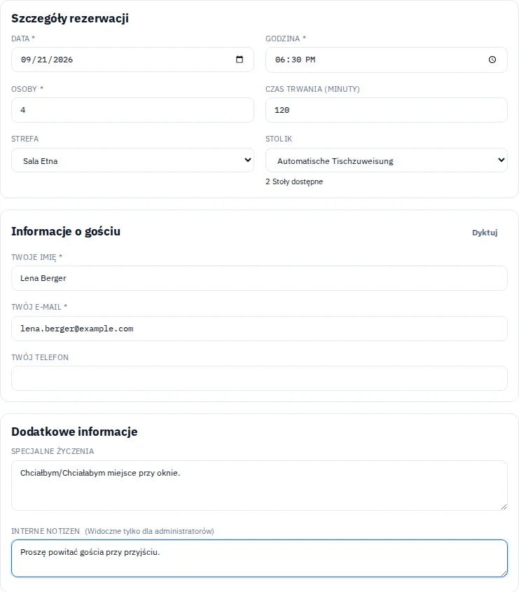 Formularz rezerwacji z Via Palermo z fikcyjnymi danymi gościa i wyborem stolika.