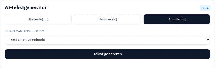 Berichttypes en annuleringsredenen in de tekstgenerator van de reservatieweergave.