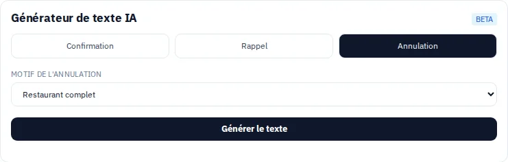 Types de messages et motifs d’annulation dans le générateur de texte de la vue de réservation.