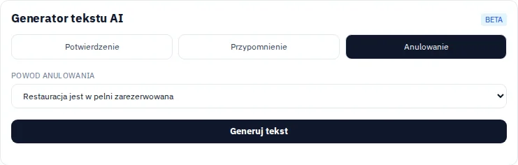 Typy wiadomości i powody odwołań w generatorze tekstów w widoku rezerwacji.