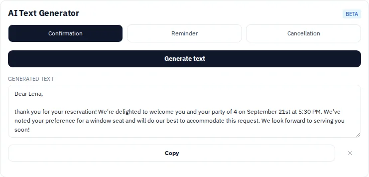 Confirmation text generated in the reservation module for a fictional reservation.