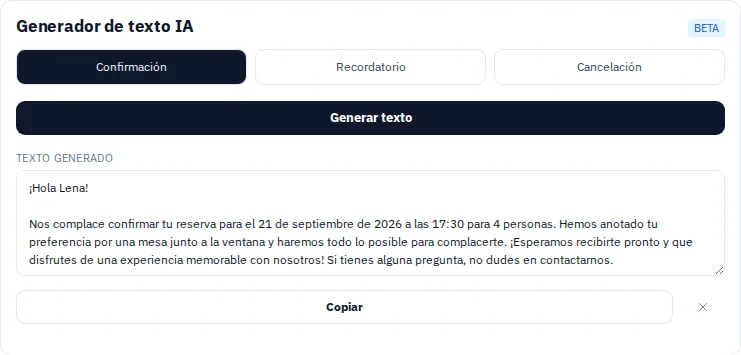 Texto generado en el módulo de reservas para una reserva ficticia.