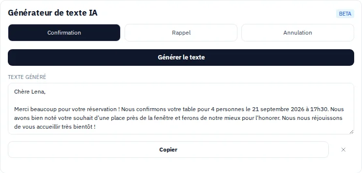 Texte de confirmation généré dans le module de réservation pour une réservation fictive.
