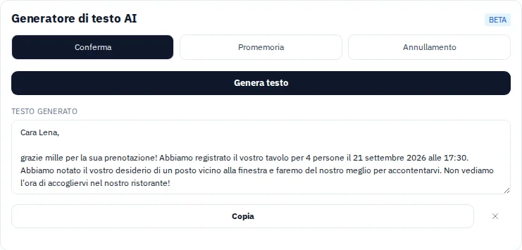 Testo generato nel modulo prenotazioni per una prenotazione fittizia.