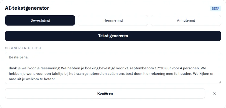 In het reserveringsmodule gegenereerde bevestigingstekst voor een fictieve reservering.