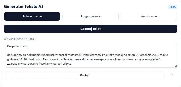 Tekst potwierdzenia wygenerowany w module rezerwacji dla fikcyjnej rezerwacji.