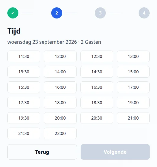 Boeking-widget van Via Palermo met datum, aantal personen en beschikbare tijden.