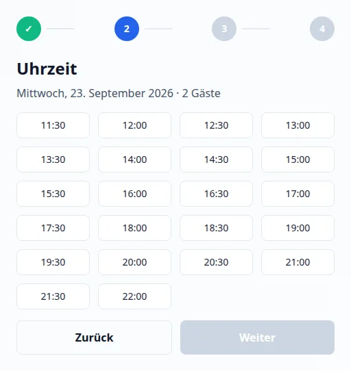 Buchungs-Widget von Via Palermo mit Datum, Personenzahl und verfügbaren Zeiten.