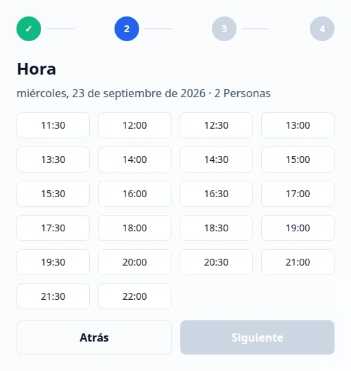 Widget de reservas de Via Palermo con fecha, número de personas y horarios disponibles.