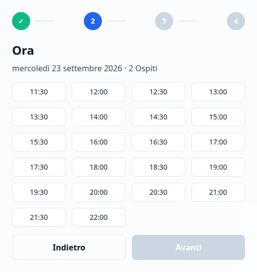 Widget di prenotazione di Via Palermo con data, numero di persone e orari disponibili.