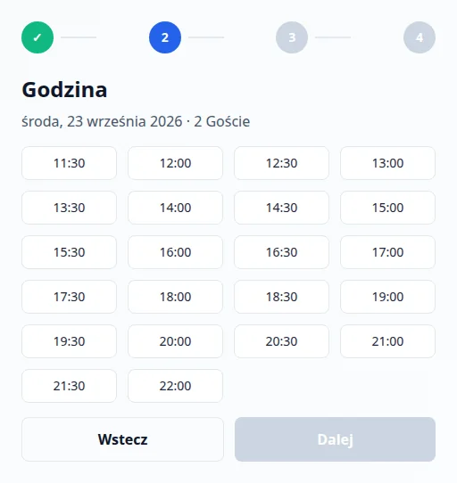 Widżet rezerwacyjny z Via Palermo z datą, liczbą osób i dostępnymi terminami.