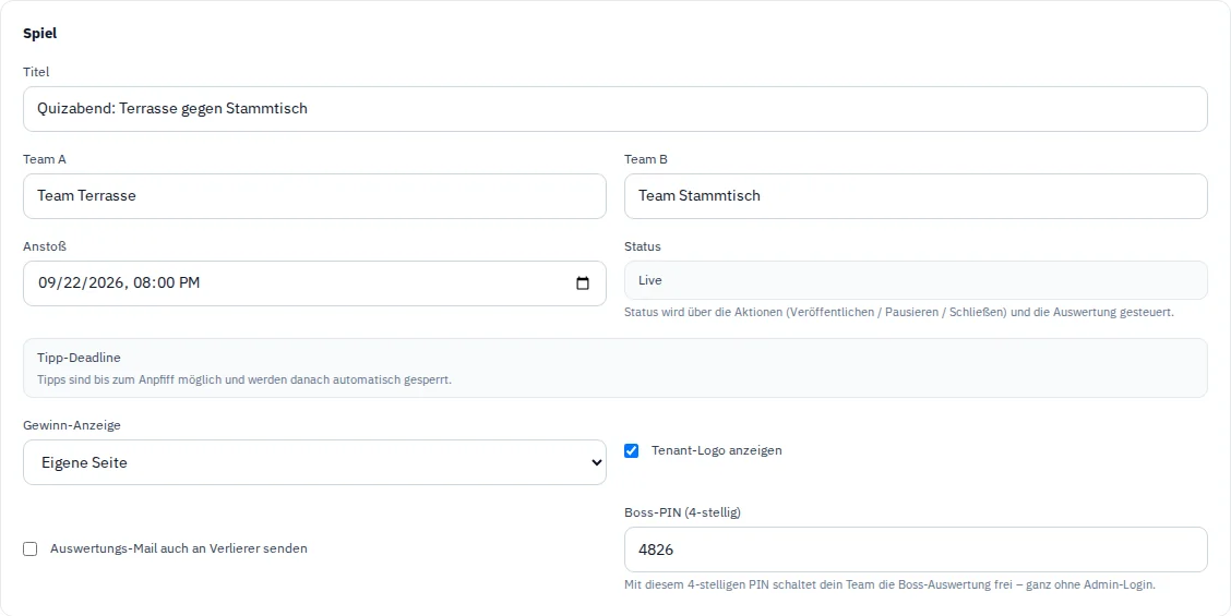 Formular mit Titel, Teams und Startzeit einer fiktiven Gästeaktion.