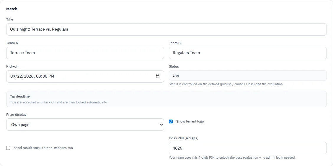 Form with title, teams and start time for a fictional guest activity.