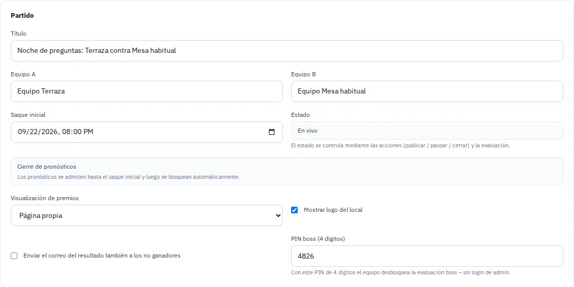 Formulario con título, equipos y hora de inicio de una ficticia actividad para invitados.