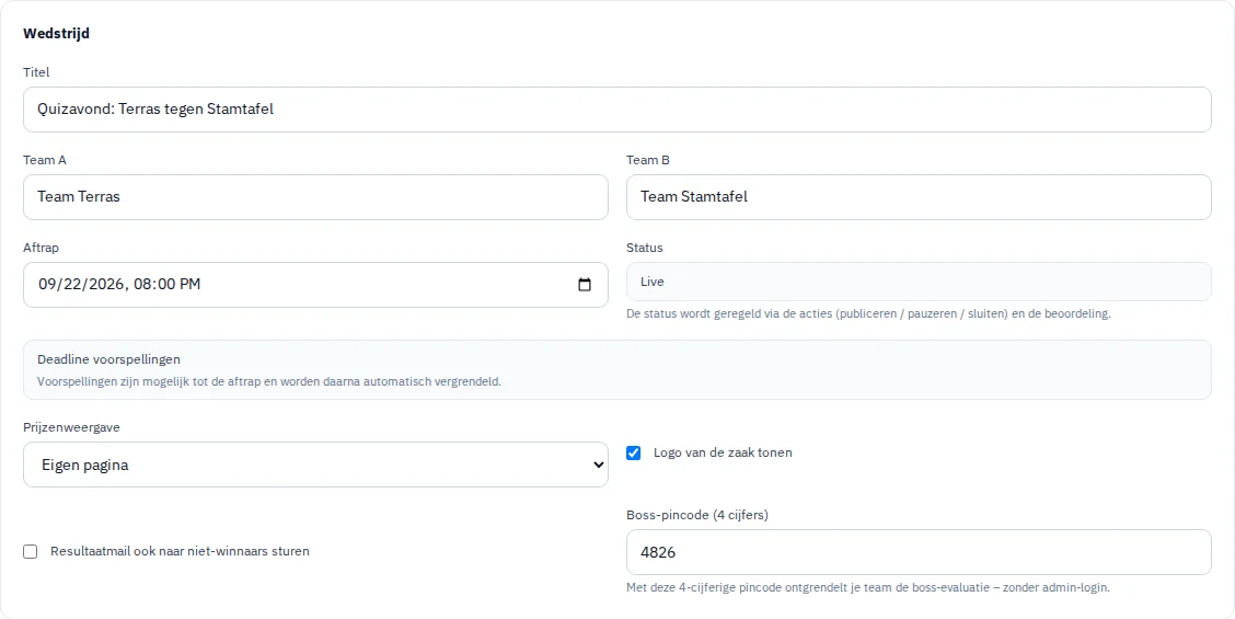 Formulier met titel, teams en starttijd van een fictieve gastenactie.