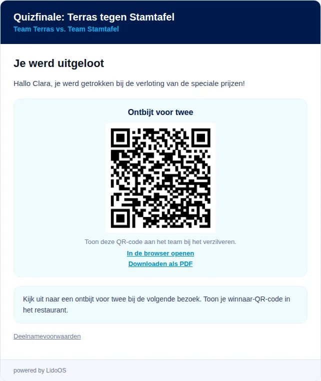 E-mailvoorbeeld met een fictieve extra prijs voor de volgende bezoek.