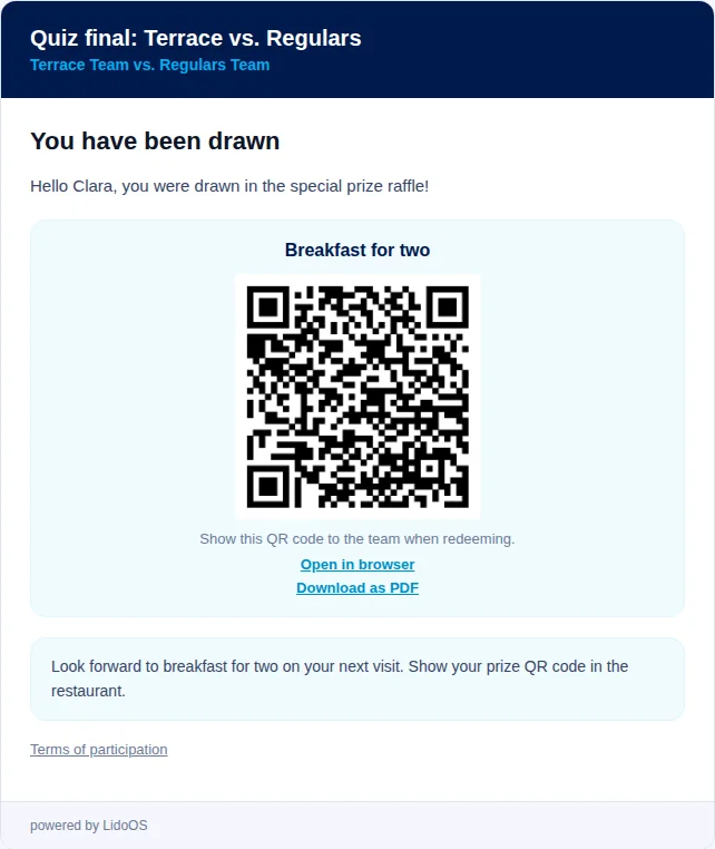 Email preview with a fictional special prize for the next visit.