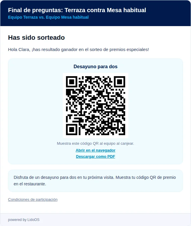 Vista previa de correo con un ficticio extra para la próxima visita.