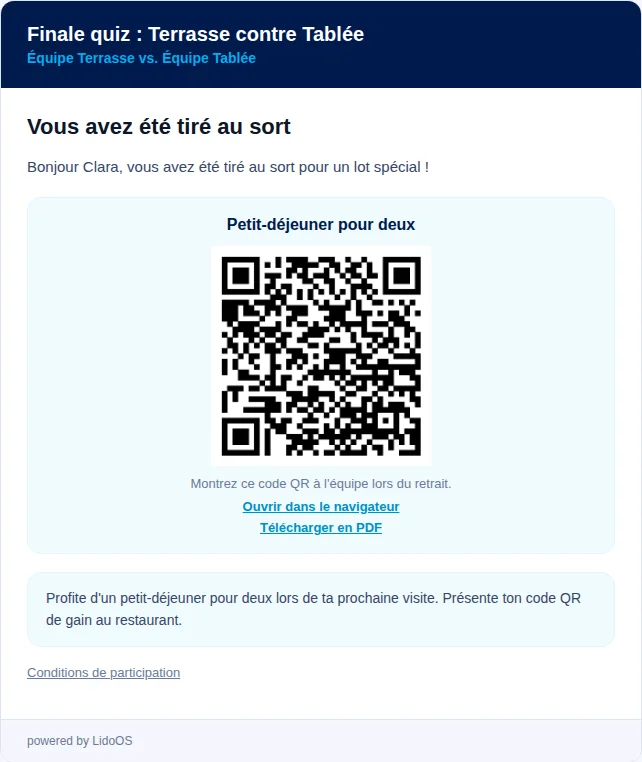 Aperçu d'e-mail avec un lot spécial fictif pour la prochaine visite.