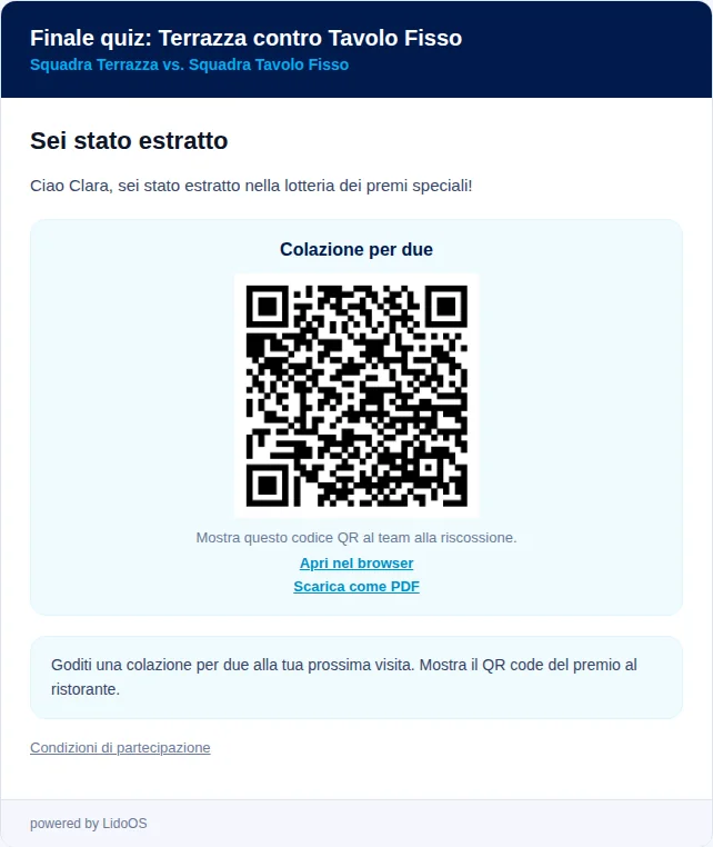 Anteprima e-mail con un riconoscimento speciale fittizio per la prossima visita.