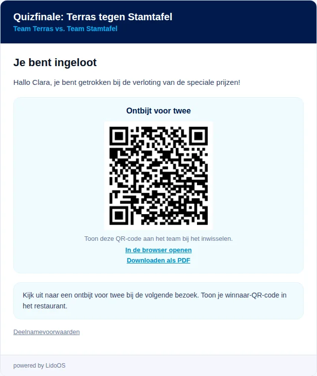 E-mailvoorbeeld met een fictieve extra prijs voor de volgende bezoek.