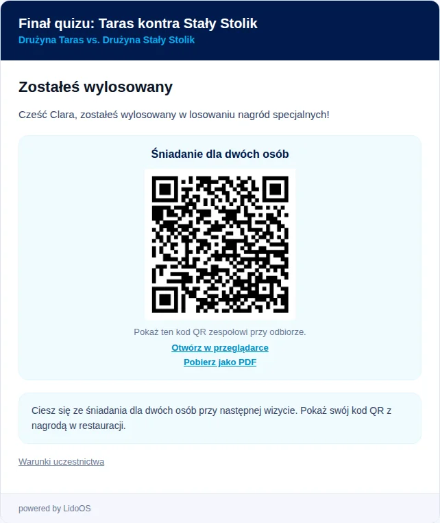 Podgląd e-maila z fikcyjnym wyróżnieniem na następną wizytę.