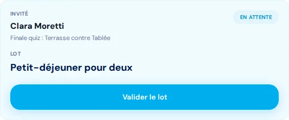 Scanner QR affichant un lot spécial fictif vérifié et le bouton de remise.